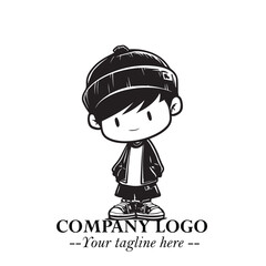 Black and White Chibi Boy Illustration with Jacket and Boots in Bold Thick Line Art Minimal Style