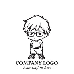 Black and White Chibi Boy Illustration with Jacket and Boots in Bold Thick Line Art Minimal Style