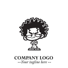 Black and White Chibi Boy Illustration with Jacket and Boots in Bold Thick Line Art Minimal Style