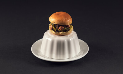 Dessert burger on white ceramic mold