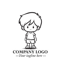 Black and White Chibi Boy Illustration with Jacket and Boots in Bold Thick Line Art Minimal Style