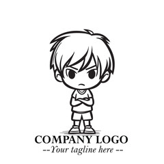 Black and White Chibi Boy Illustration with Jacket and Boots in Bold Thick Line Art Minimal Style