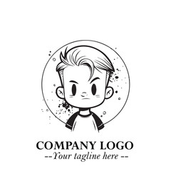 Black and White Chibi Boy Illustration with Jacket and Boots in Bold Thick Line Art Minimal Style