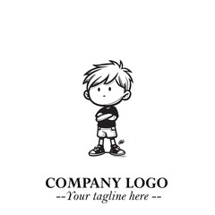 Black and White Chibi Boy Illustration with Jacket and Boots in Bold Thick Line Art Minimal Style