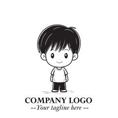 Black and White Chibi Boy Illustration with Jacket and Boots in Bold Thick Line Art Minimal Style