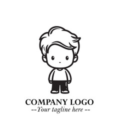 Black and White Chibi Boy Illustration with Jacket and Boots in Bold Thick Line Art Minimal Style