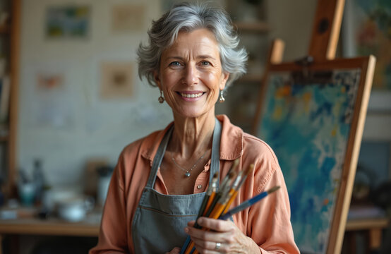 Elderly woman artist smiles happily holding paint brushes. Wears apron in home art studio workshop. Mature female enjoying creative painting hobby. Happy elder lady working on canvas easel, creating - Powered by Adobe