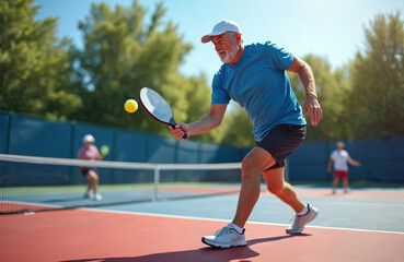An older man plays pickleball on sunny outdoor court. Senior person moves actively holding paddle. Yellow ball in flight during the game. Healthy lifestyle and sport activity concept for seniors.