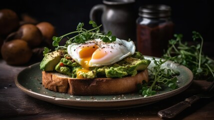 A gourmet avocado toast with a poached egg and microgreens served on a plate