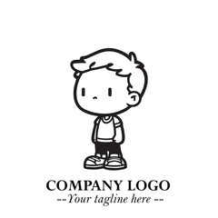 Black and White Chibi Boy Illustration with Jacket and Boots in Bold Thick Line Art Minimal Style