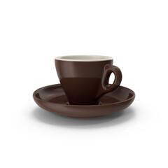 espresso coffee cup and matching saucer in dark brown ceramic on transparent background, 3D PNG