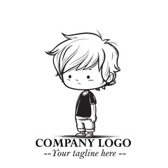 Black and White Chibi Boy Illustration with Jacket and Boots in Bold Thick Line Art Minimal Style