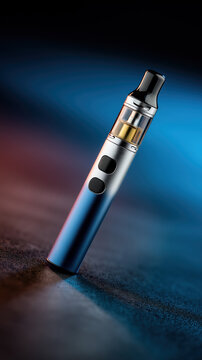 Cigarette &eacute;lectronique moderne avec r&eacute;servoir transparent sur fond bleu