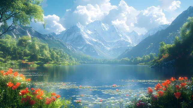 A picturesque view captures a serene lake framed by lush greenery and majestic snow-capped mountains under a bright, partly cloudy sky, showcasing nature's tranquil beauty and vibrant colors.