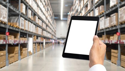 A person holds a digital tablet with a blank screen in a warehouse aisle