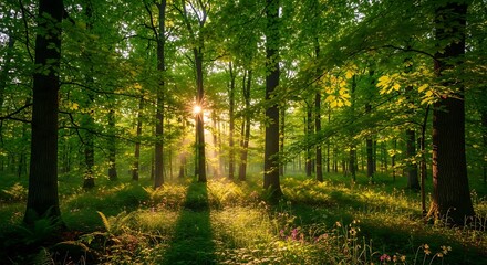 Naklejka premium Golden sunlight piercing through the dense canopy of a lush green forest, creating stunning light rays and long shadows on the tranquil woodland floor, evoking a serene natural beauty