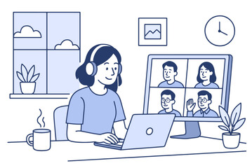 Woman Working From Home Participating in Video Conference Call with Colleagues