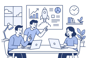 Startup Team Brainstorming Business Growth Strategy with Rocket Launch Chart