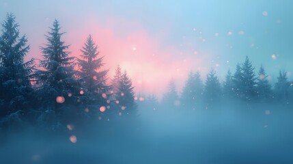 Naklejka premium Magical Winter Forest with Snowfall and Pink Sunrise Glow
