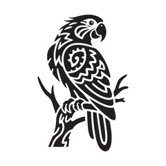 Stylized Tribal Macaw Parrot on Branch Tattoo Logo with Bold Intricate Patterns.