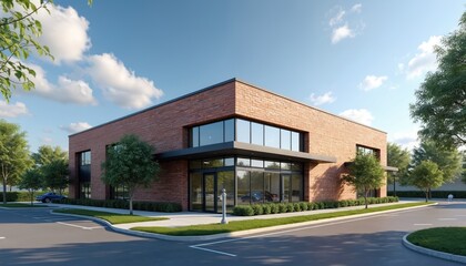 Modern small commercial office building under clear blue sky. Red brick exterior large glass windows, shaded entrance. Paved parking lot, green lawn, mature trees surround appealing commercial