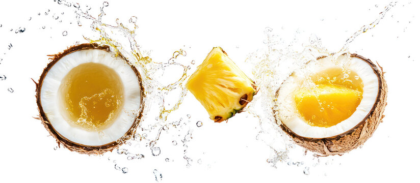 Fresh coconut halves and pineapple slice with water splash isolated on transparent background