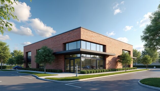 Modern small commercial office building under clear blue sky. Red brick exterior large glass windows, shaded entrance. Paved parking lot, green lawn, mature trees surround appealing commercial