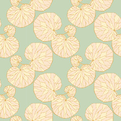 Pattern pastel colors Water lily leaves , stylized drawing of leaves, on light green background, surface of lake or swamp