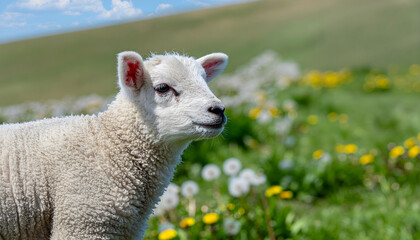 a young lamb, standing in a field of wildflowers, its bright red ears and soft while wool contrasting against the green grass and blue sky with fluffy white clouds, detailed,