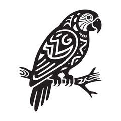 Stylized Tribal Macaw Parrot on Branch Tattoo Logo with Bold Intricate Patterns.