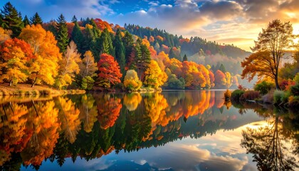 A picturesque fall scene; brilliant foliage reflected in calm, glassy water, with sunlight shining