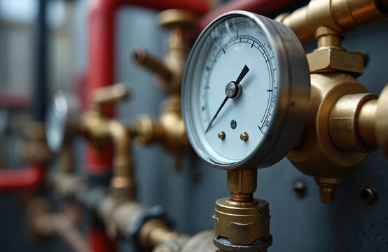 Close-up of bimetallic thermometer attached to brass pipes and red tubes. Gauge shows temperature readings with clear dial and pointer. This industrial equipment monitors heat and pressure in system.