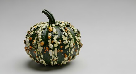Vibrant bumpy green and white decorative gourd on clean backdrop