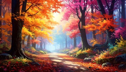 A picturesque forest path ablaze with autumn hues and sunlight filtering through the trees