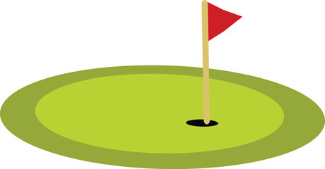 Golf course hole illustration with a red flag on a green field — simple flat design perfect for sports graphics, golf clubs, tournaments, and recreation themes.