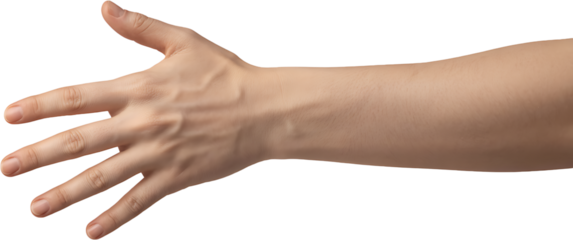 Outstretched human hand isolated on white background showing open palm gesture
