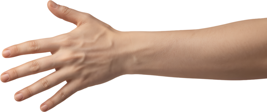 Outstretched human hand isolated on white background showing open palm gesture
 - Powered by Adobe