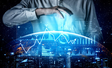 A futuristic depiction of a businessman interacting with a holographic data display over a city skyline, representing advancements in technology and data analytics in business. Scalp
