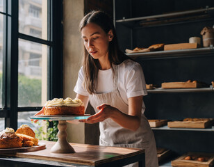 Woman baker holding cake in pastry shop