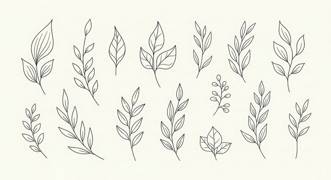Collection of elegant hand-drawn botanical line art elements, featuring delicate leaves and branches, perfect for nature-inspired design projects, digital illustrations, and decorative accents