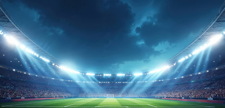 Night view of soccer stadium. Crowd watch football play on field. Spotlights shine on match. Championship and success in sport competition at arena with fans.