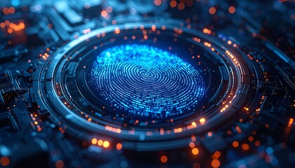 Glowing blue fingerprint embedded in a circular device atop a dark circuit board background with orange highlights