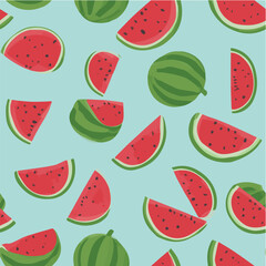 Seamless vector pattern of watermelon slices and whole watermelons