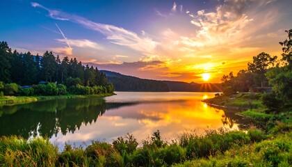 A picturesque lake scene, reflecting the fiery colors of a stunning sunset