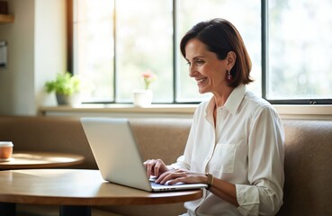 Mature woman works on laptop in cafe, smiling happily. Uses computer, focused on screen. Adult female entrepreneur types, enjoys remote work. Businesswoman works from coffee shop, office away. Shows