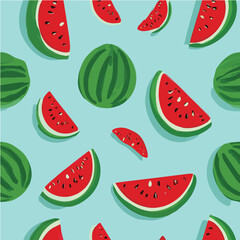 Seamless vector pattern of watermelon slices and whole watermelons
