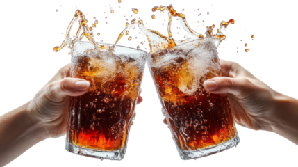 Two hands clinking glasses of cola with ice and splash isolated on transparent background