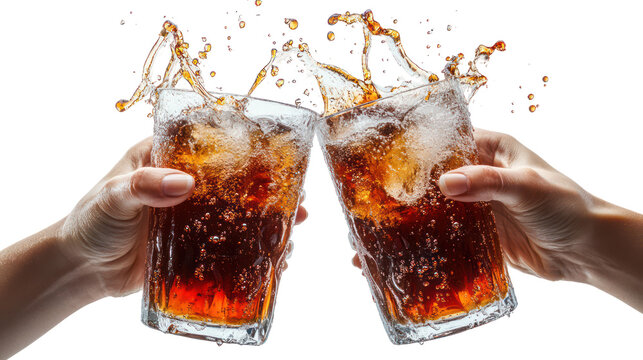 Two hands clinking glasses of cola with ice and splash isolated on transparent background