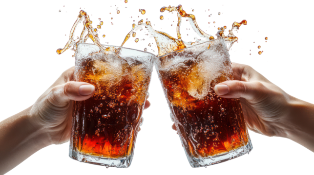 Two hands clinking glasses of cola with ice and splash isolated on transparent background