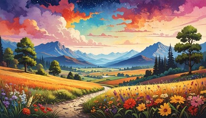 A picturesque landscape, featuring a vibrant meadow, distant mountains, and a colorful, sunset-filled sky